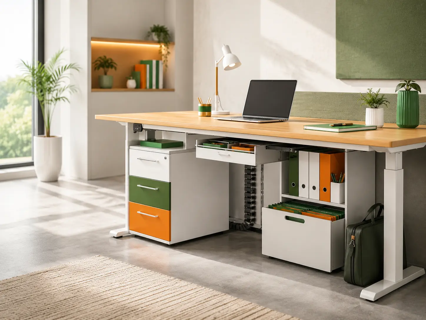 Modern office desk with under desk storage, including pedestals, filing drawers and organised accessories in green, white and orange tones.